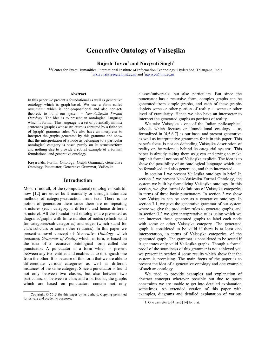 Generative Ontology of Vaisesika