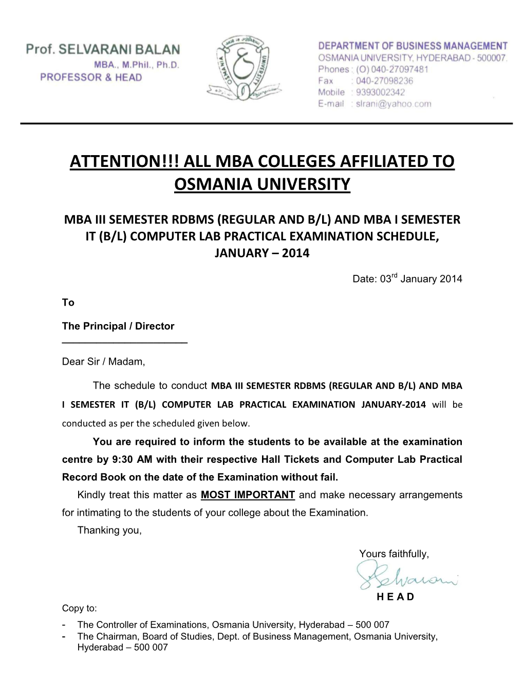 Attention!!! All Mba Colleges Affiliated to Osmania University