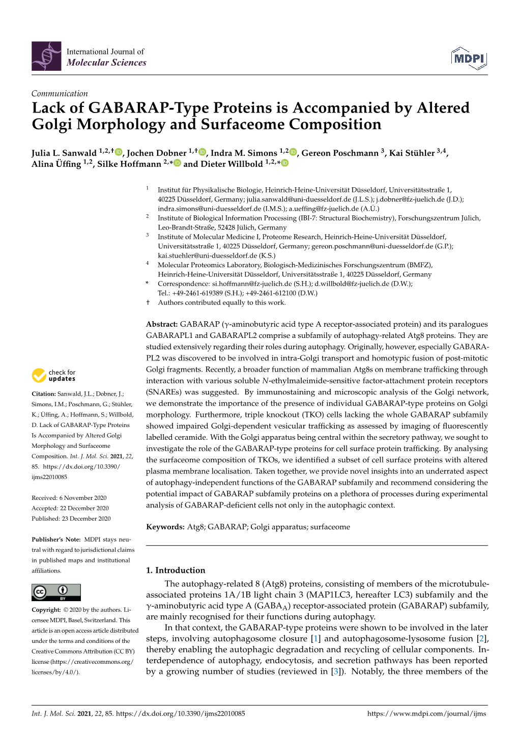 Lack of GABARAP-Type Proteins Is Accompanied by Altered Golgi Morphology and Surfaceome Composition