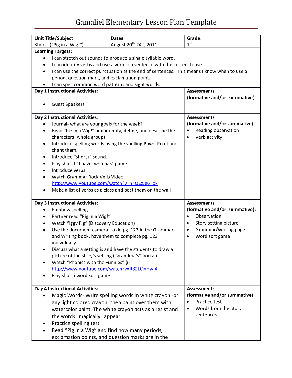 Gamaliel Elementary Lesson Plan Template