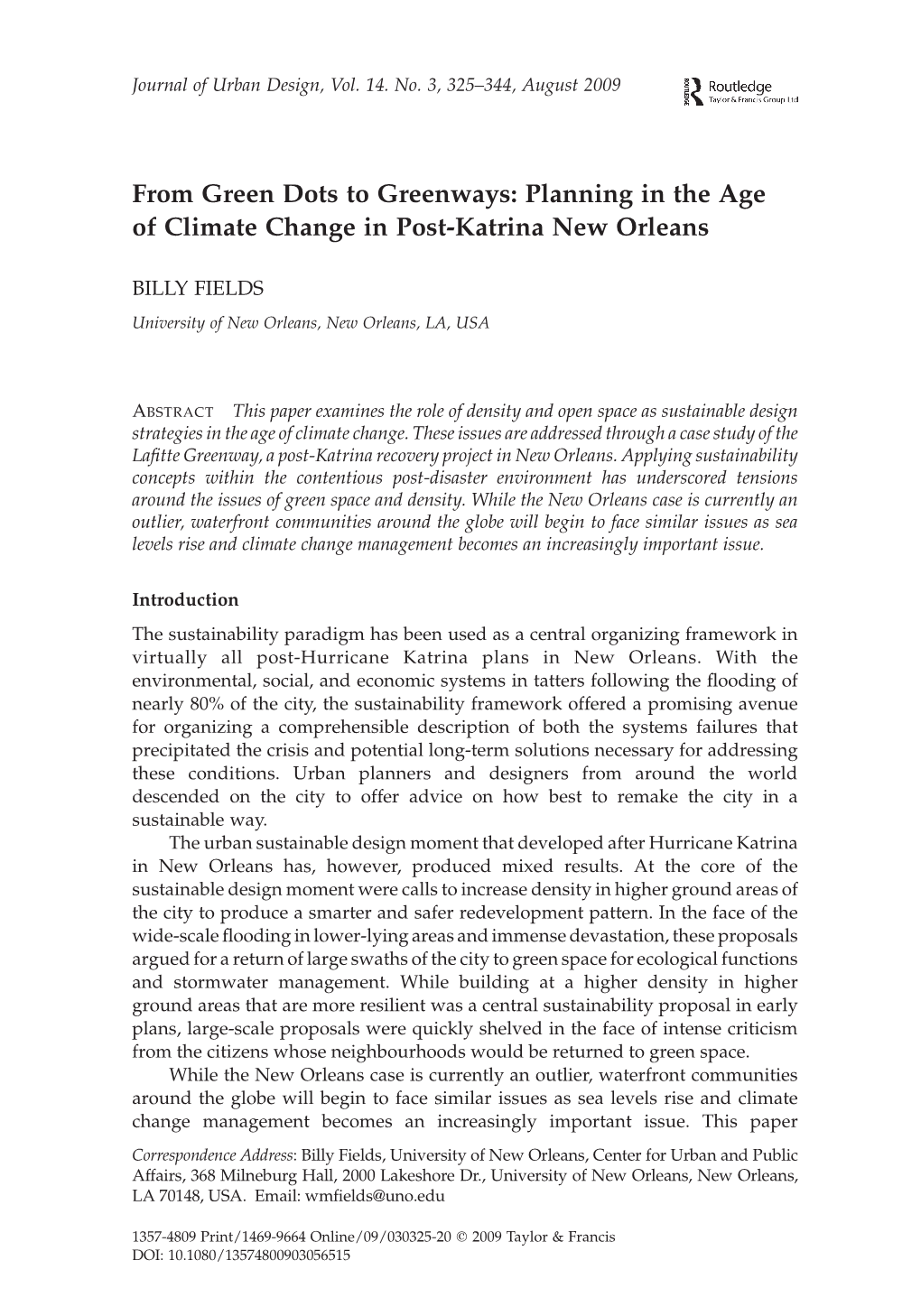 Planning in the Age of Climate Change in Post-Katrina New Orleans