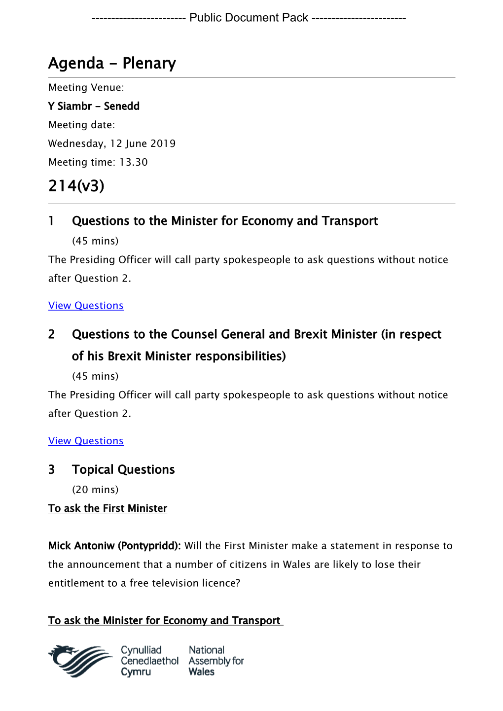 (Public Pack)Agenda Document for Plenary, 12