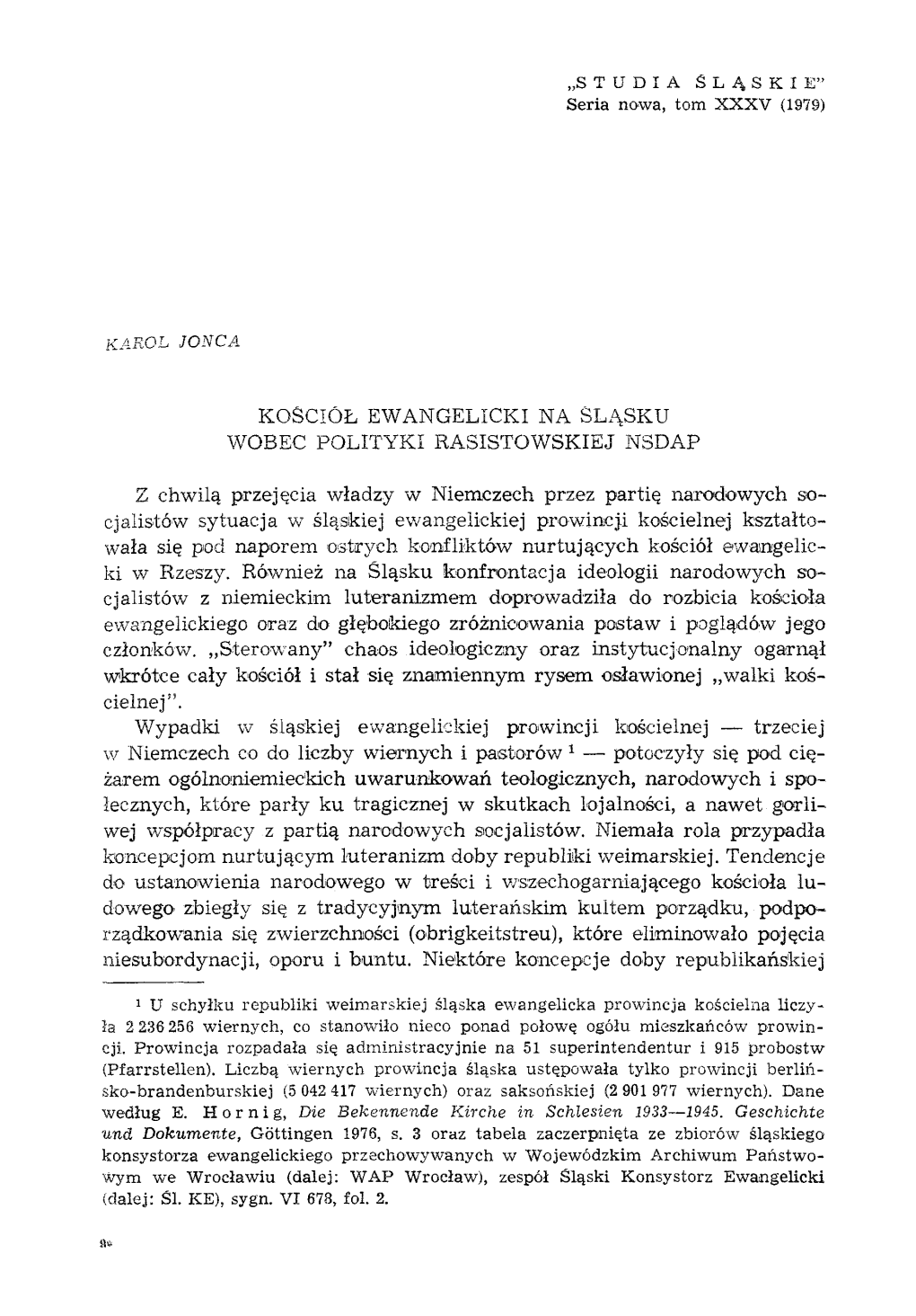 Kościół Ewangelicki Na Śląsku Wobec Polityki Rasistowskiej Nsdap