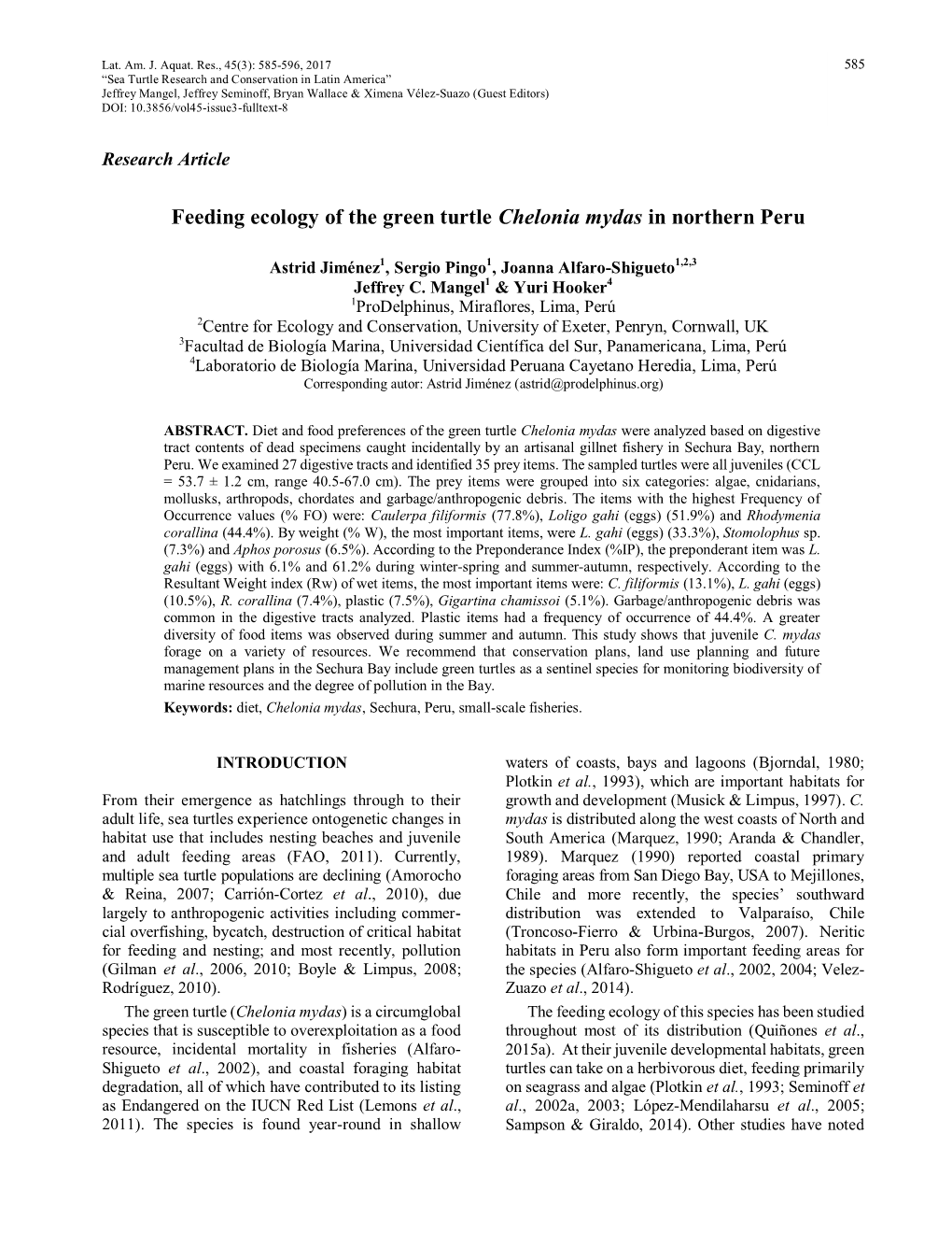 Feeding Ecology of the Green Turtle Chelonia Mydas in Northern Peru