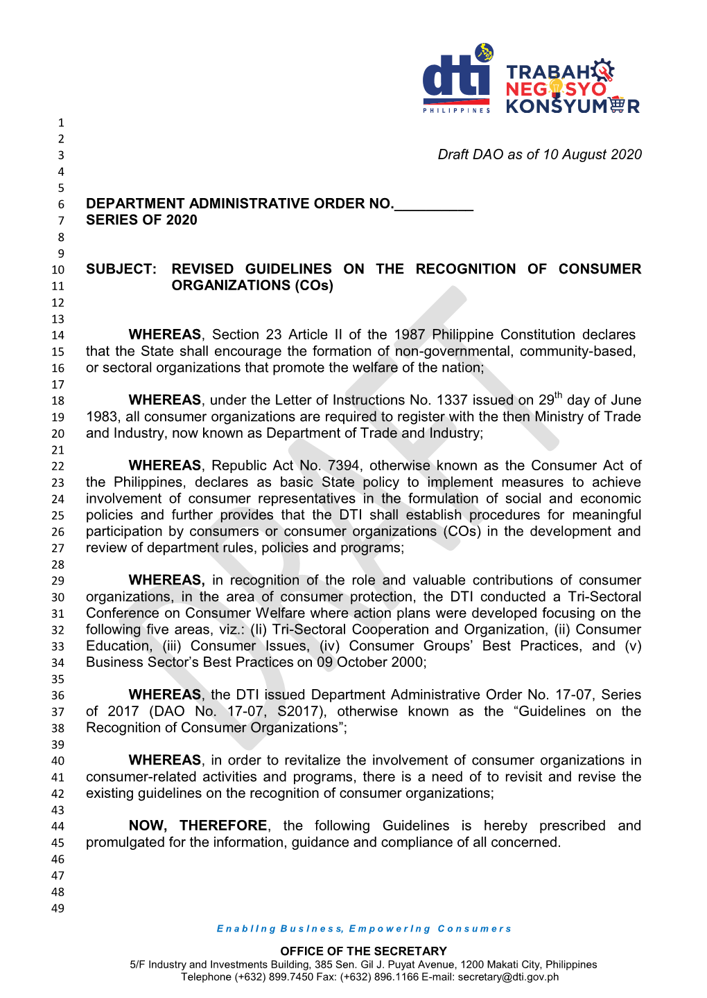 Draft DAO As of 10 August 2020 DEPARTMENT ADMINISTRATIVE ORDER