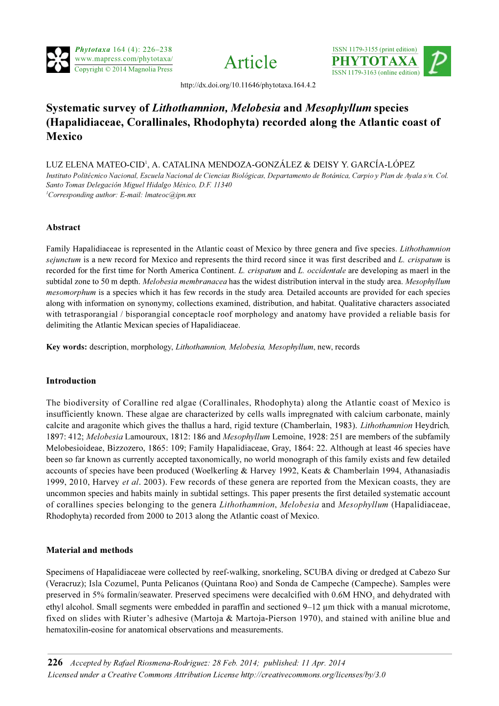 Systematic Survey of Lithothamnion, Melobesia and Mesophyllum Species (Hapalidiaceae, Corallinales, Rhodophyta) Recorded Along the Atlantic Coast of Mexico