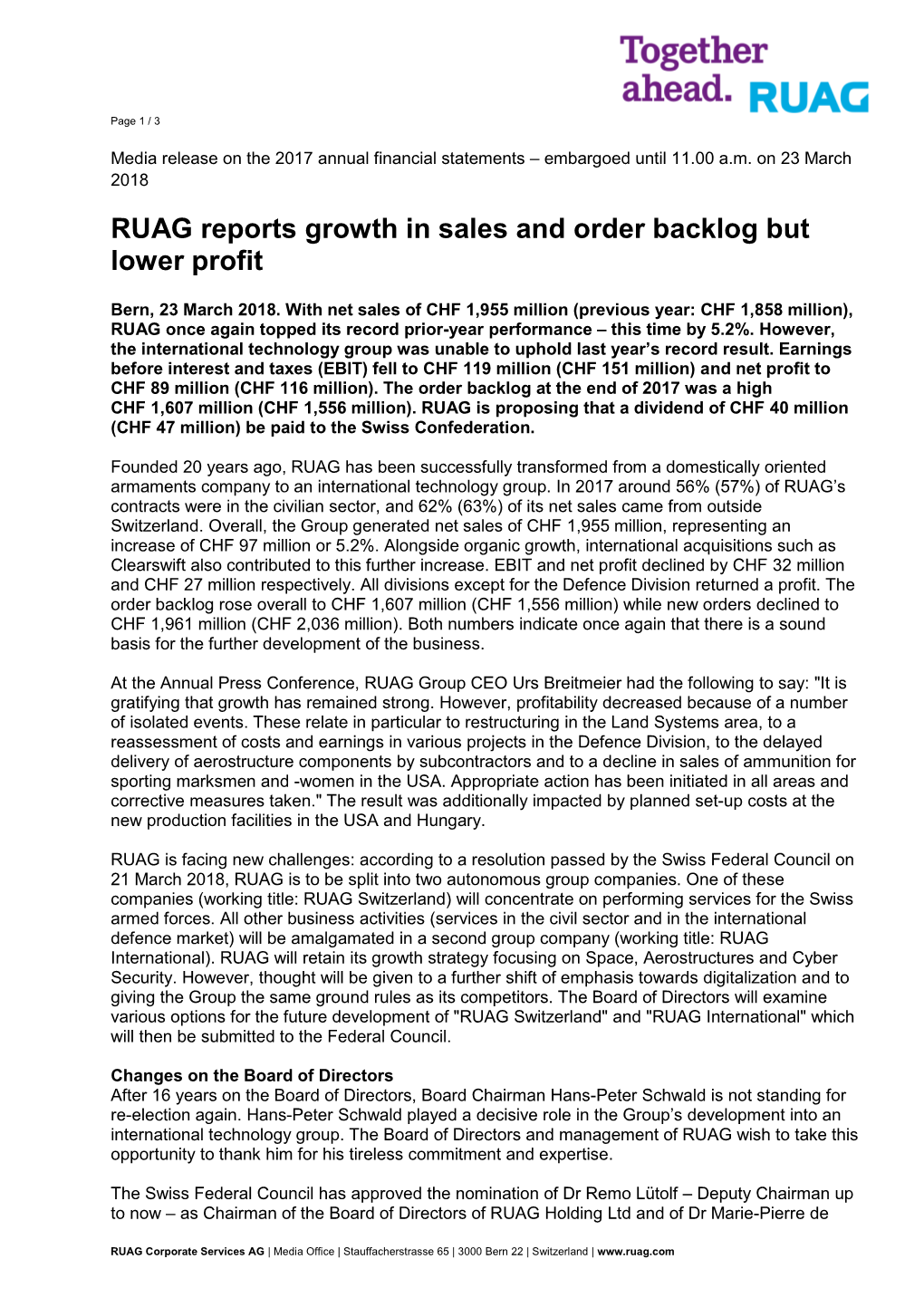 RUAG Reports Growth in Sales and Order Backlog but Lower Profit