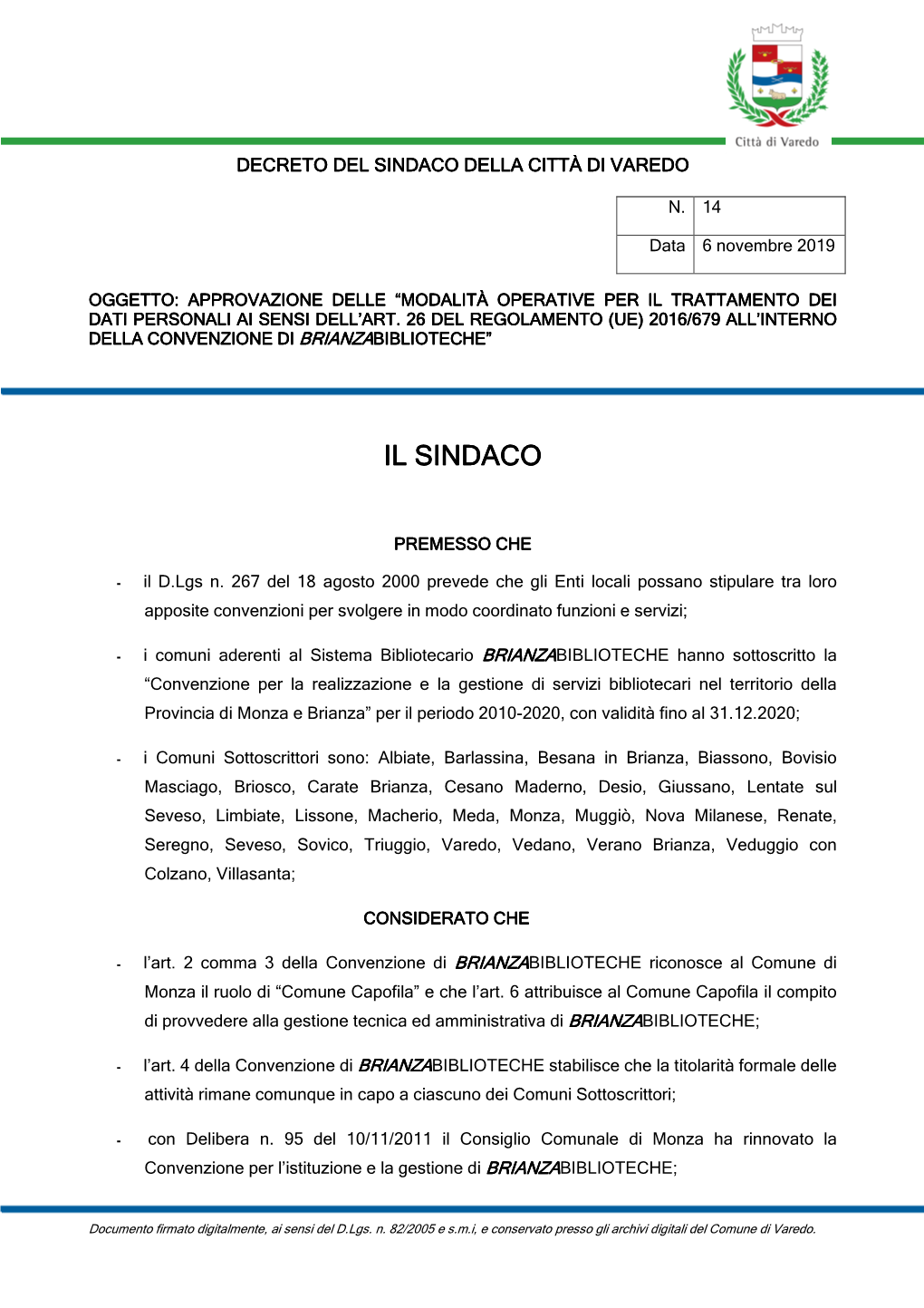 Decreto Sindaco Trattamento Dati