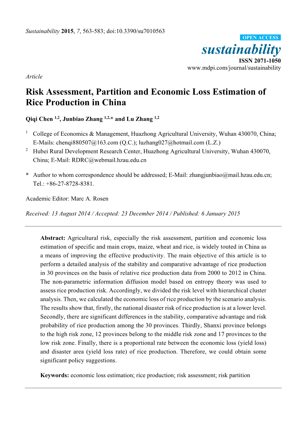 Risk Assessment, Partition and Economic Loss Estimation of Rice Production in China