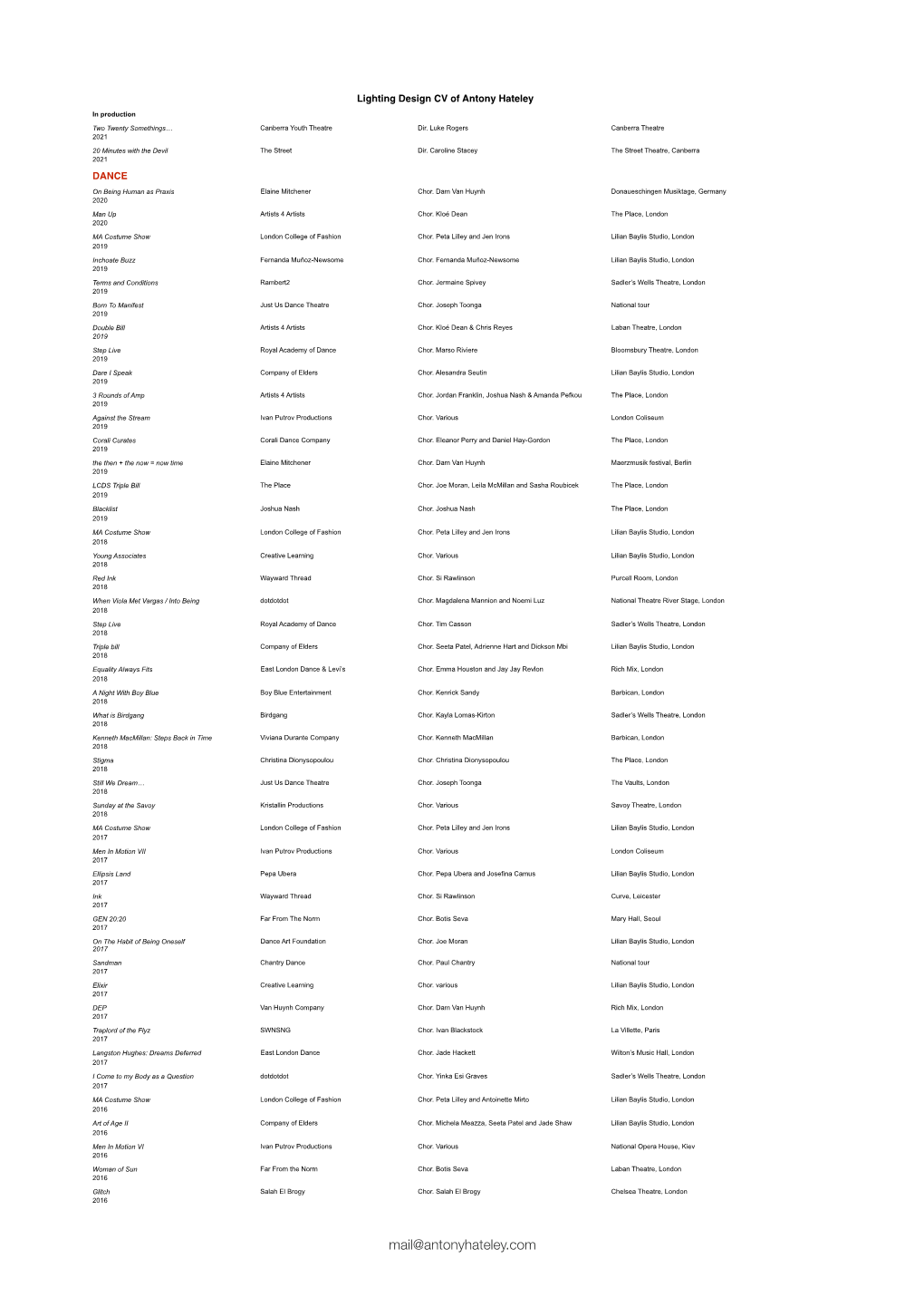 Lighting Design CV of Antony Hateley.Numbers