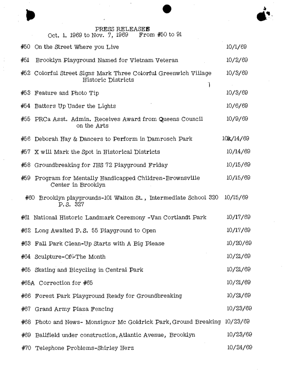 PRESS RELEASES Oct. 1. 1969 to Nov. 7, 1969 from #50 to 91 #50