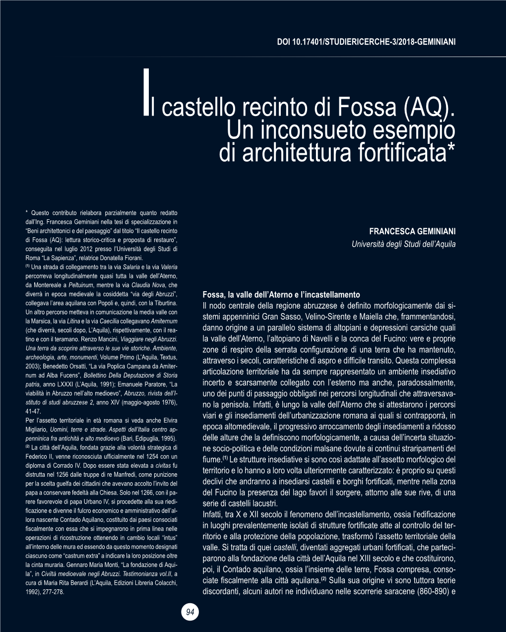 Il Castello Recinto Di Fossa (AQ). Un Inconsueto Esempio Di Architettura