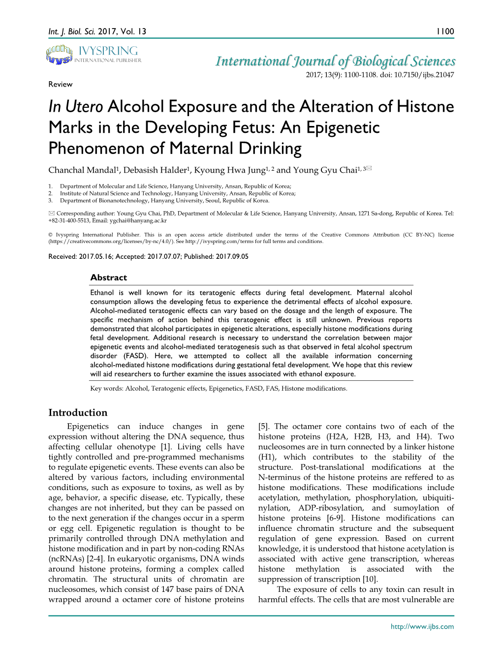 In Utero Alcohol Exposure and the Alteration of Histone Marks in the Developing Fetus: an Epigenetic Phenomenon of Maternal Drin