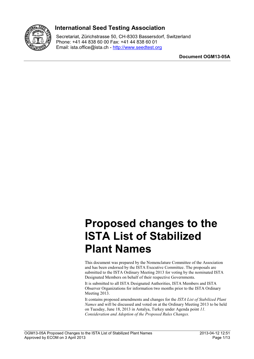 Proposed Changes to the ISTA List of Stabilized Plant Names