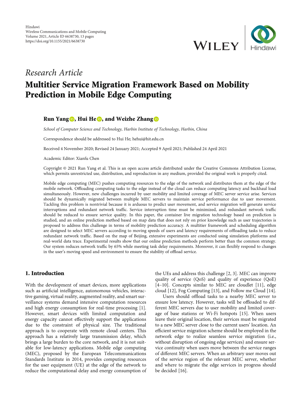 Multitier Service Migration Framework Based on Mobility Prediction in Mobile Edge Computing