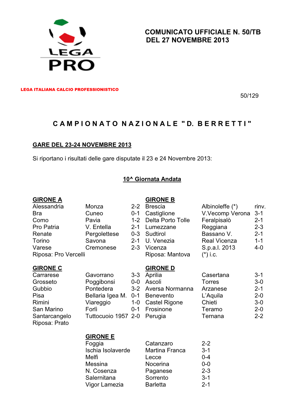 Comunicato Ufficiale N. 50/Tb Del 27 Novembre 2013 Campionatonazionale