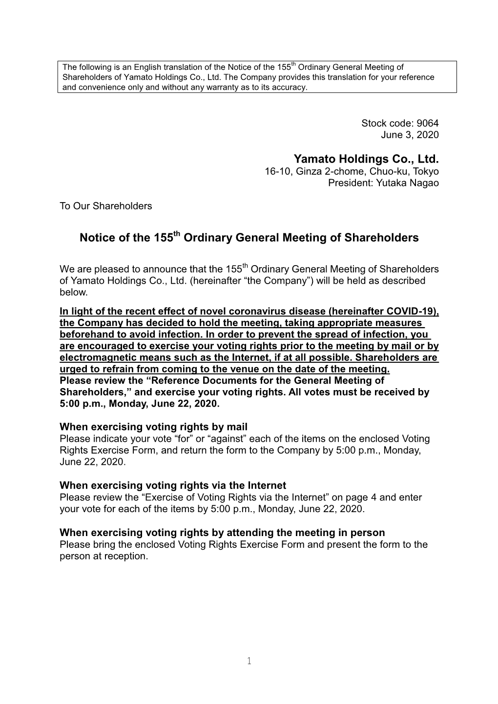 Yamato Holdings Co., Ltd. Notice of the 155 Ordinary General Meeting