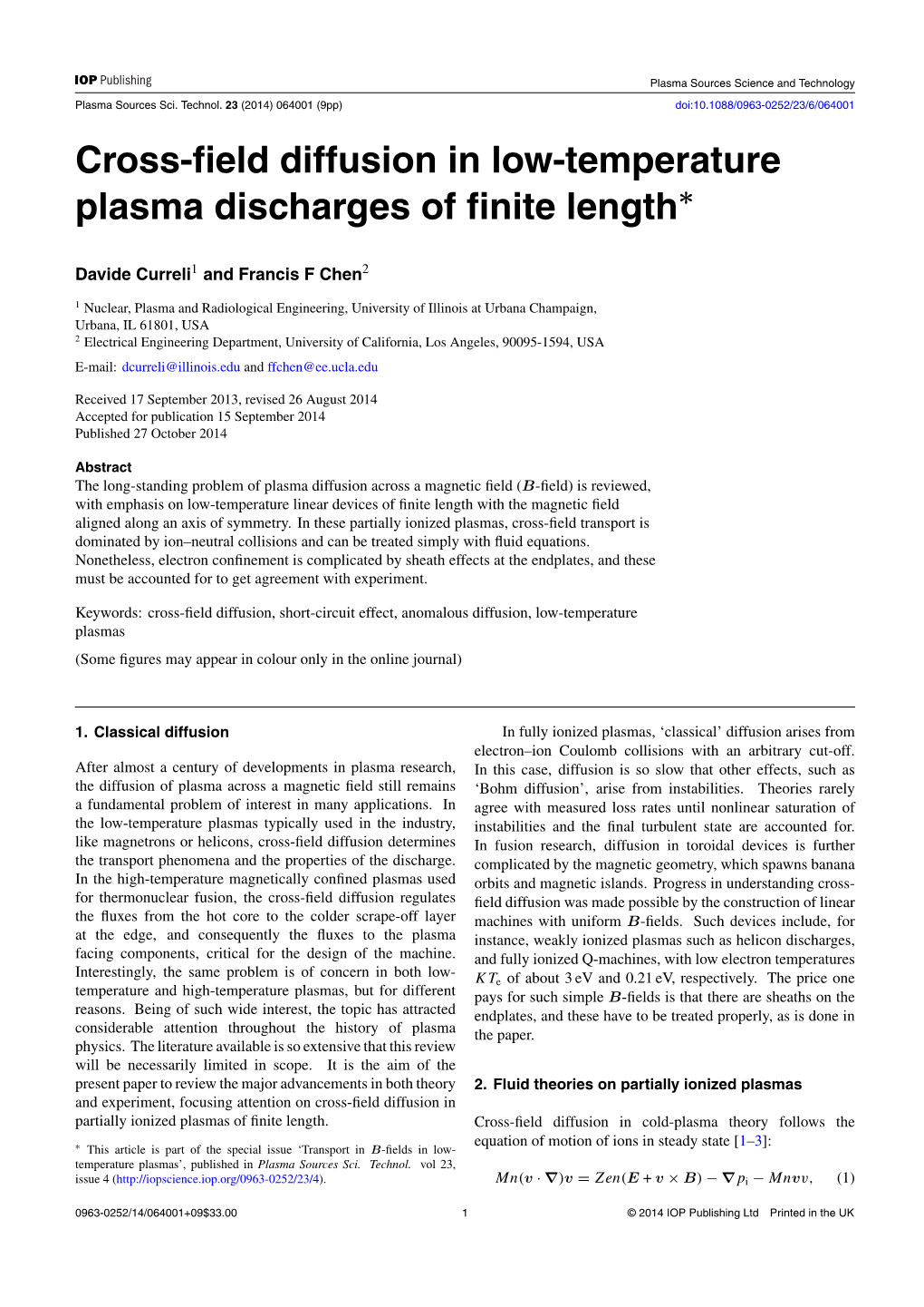 Cross-Field Diffusion in Low-Temperature Plasma Discharges