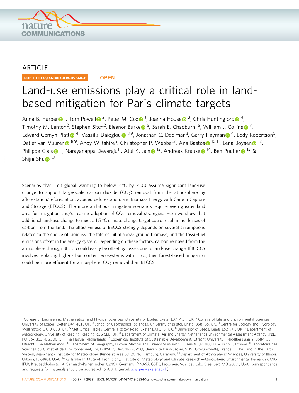 Land-Use Emissions Play a Critical Role in Land- Based Mitigation for Paris Climate Targets