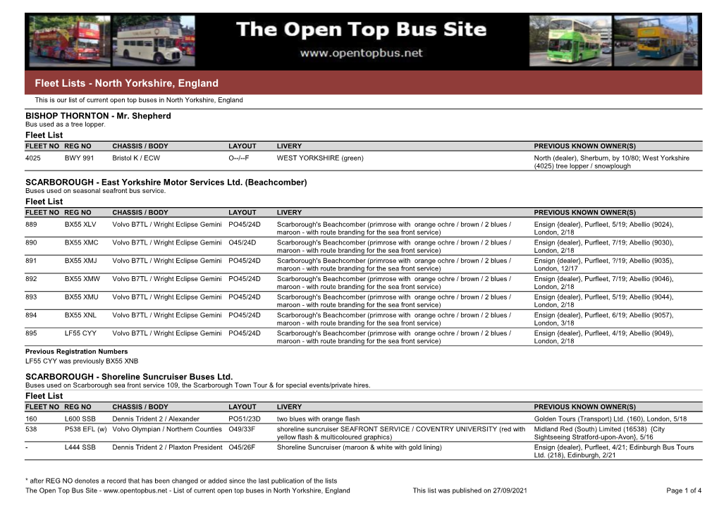 Fleet Lists - North Yorkshire, England