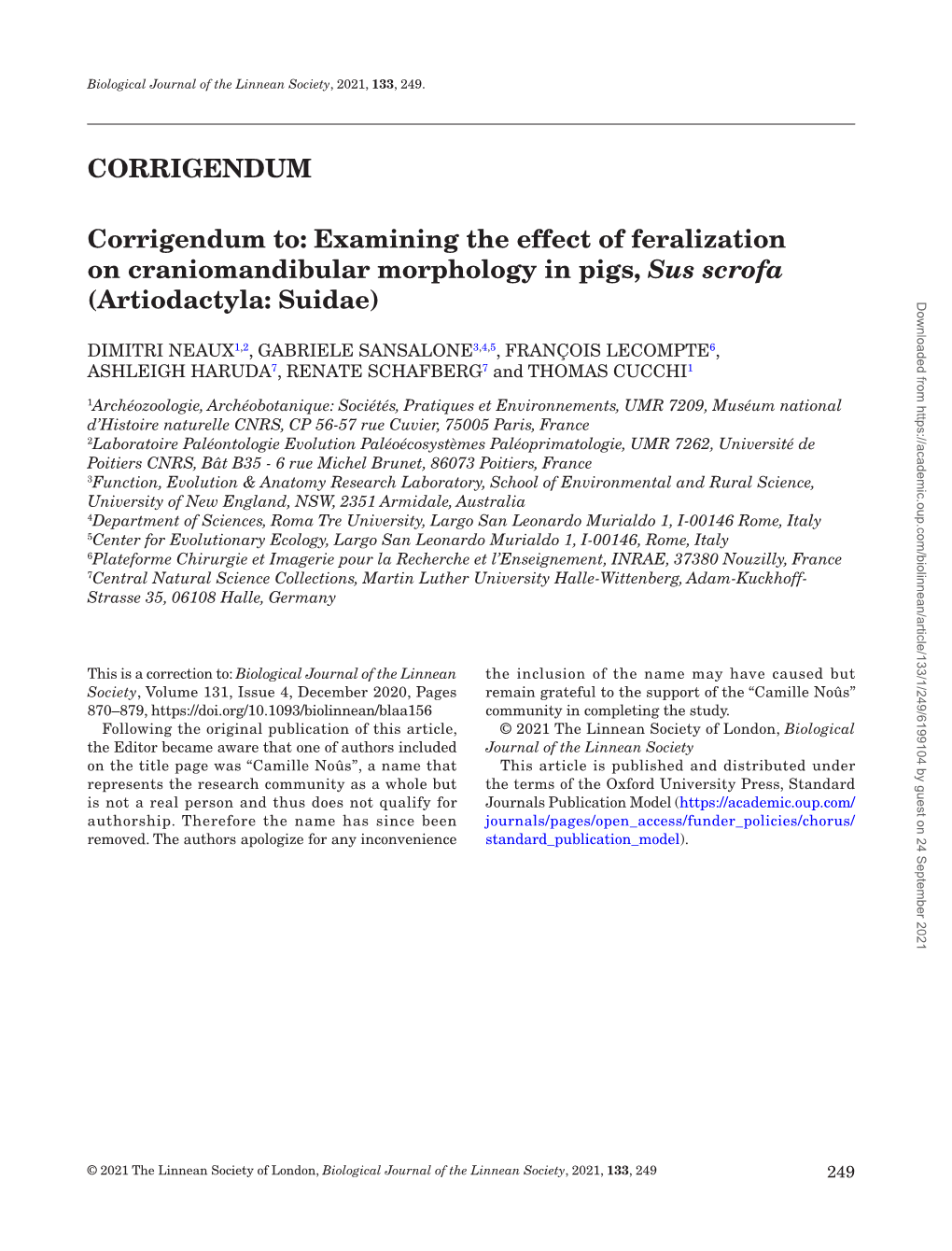 Corrigendum To: Examining the Effect of Feralization on Craniomandibular Morphology in Pigs, Sus Scrofa