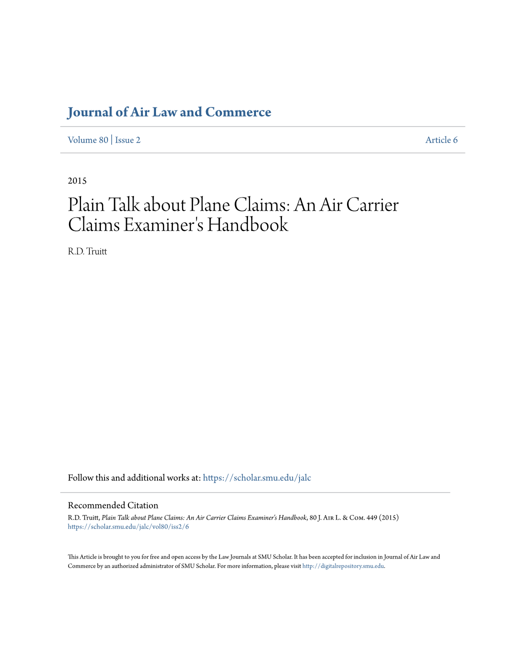Plain Talk About Plane Claims: an Air Carrier Claims Examiner's Handbook R.D