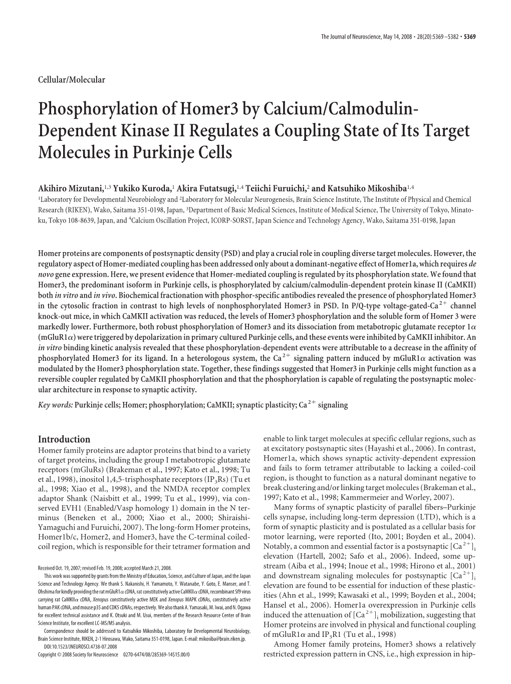 Phosphorylation of Homer3 by Calcium/Calmodulin- Dependent Kinase II Regulates a Coupling State of Its Target Molecules in Purkinje Cells