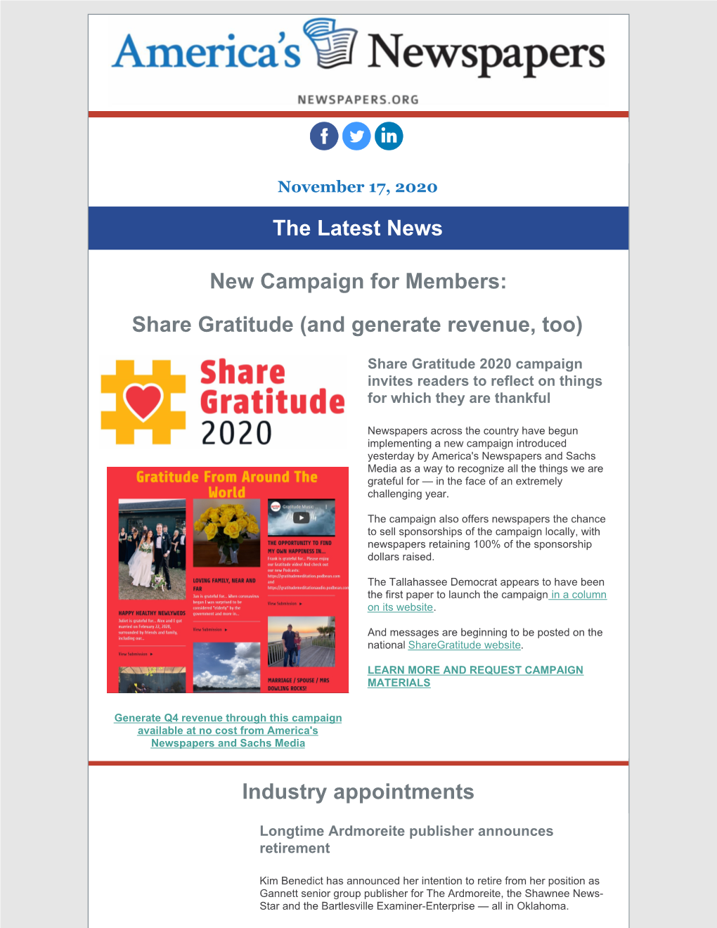The Latest News New Campaign for Members: Share Gratitude (And Generate Revenue, Too) Industry Appointments