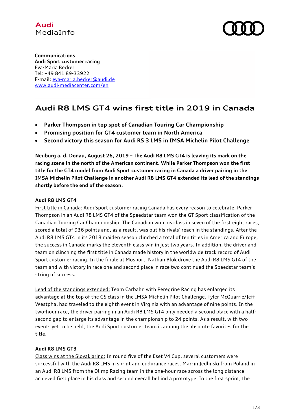 Audi R8 LMS GT4 Wins First Title in 2019 in Canada