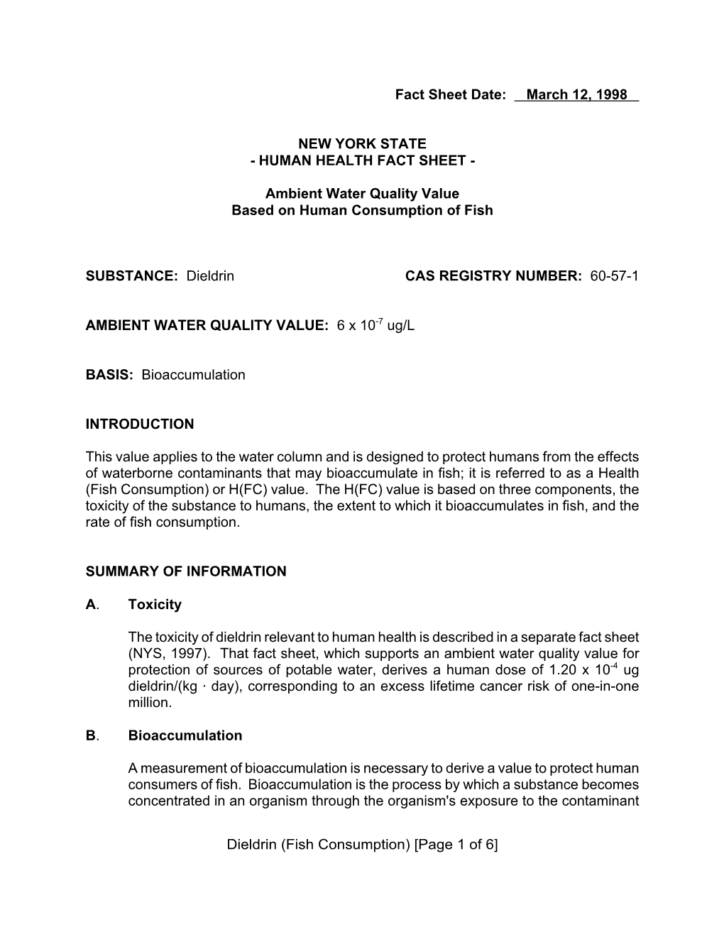 Dieldrin (Fish Consumption) [Page 1 of 6] Fact Sheet Date: March 12