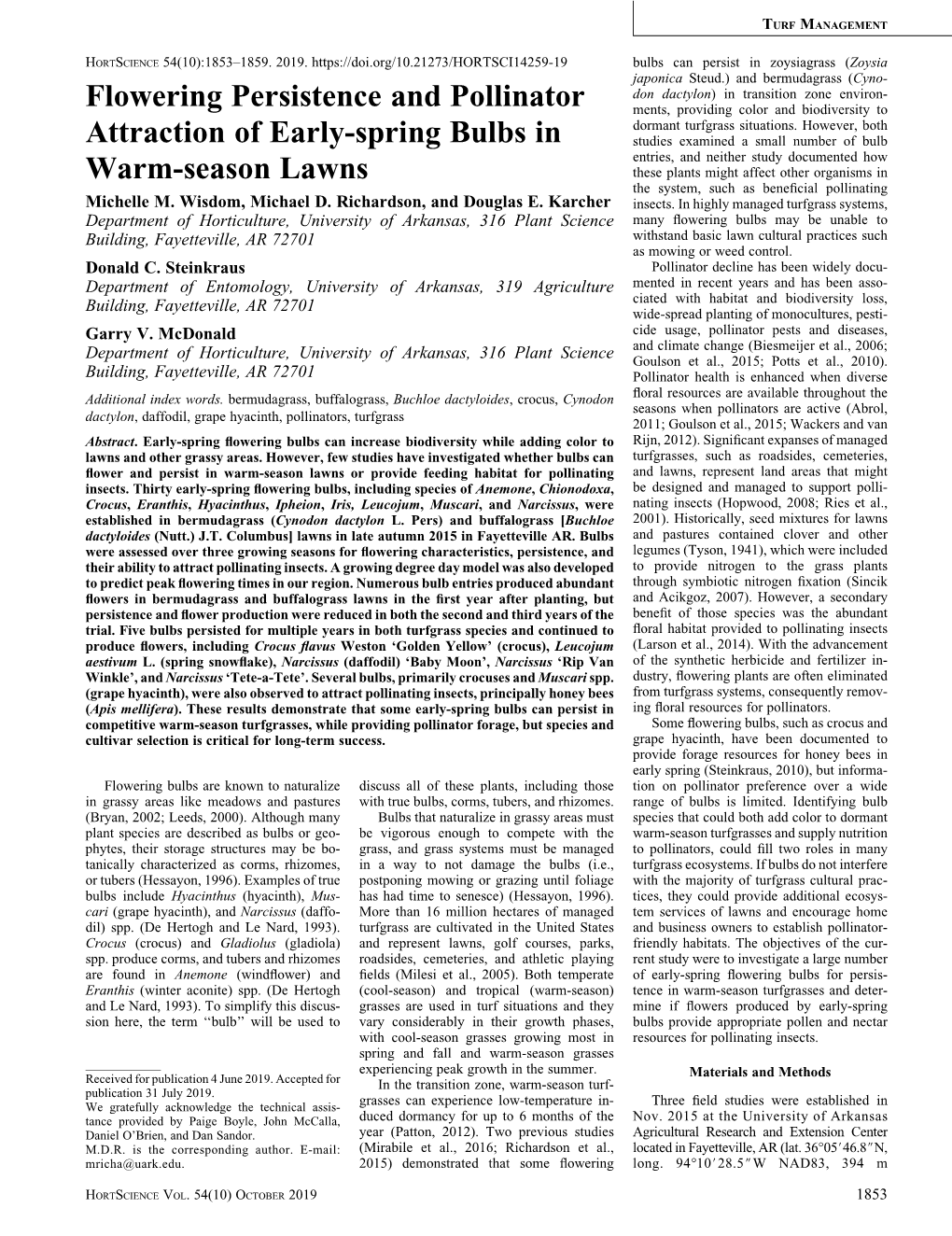 Flowering Persistence and Pollinator Attraction of Early-Spring Bulbs in Warm-Season Lawns