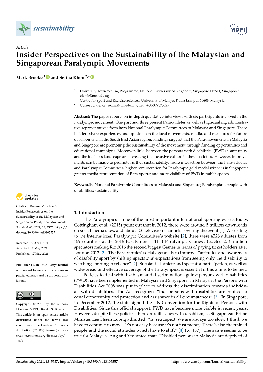 Insider Perspectives on the Sustainability of the Malaysian and Singaporean Paralympic Movements