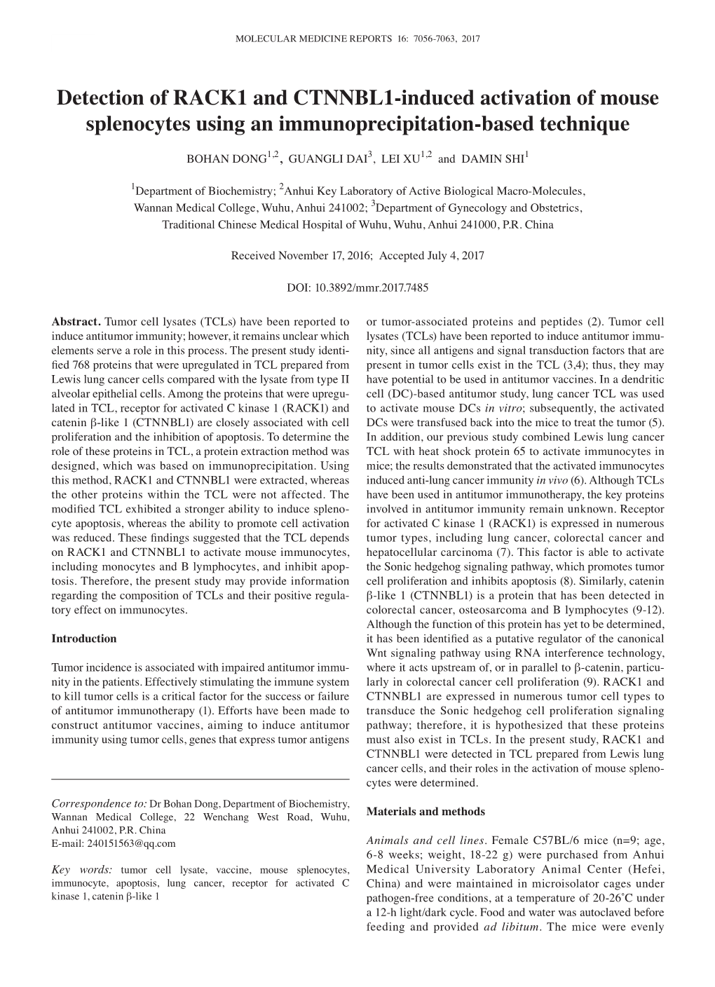 Detection of RACK1 and CTNNBL1‑Induced Activation of Mouse Splenocytes Using an Immunoprecipitation‑Based Technique