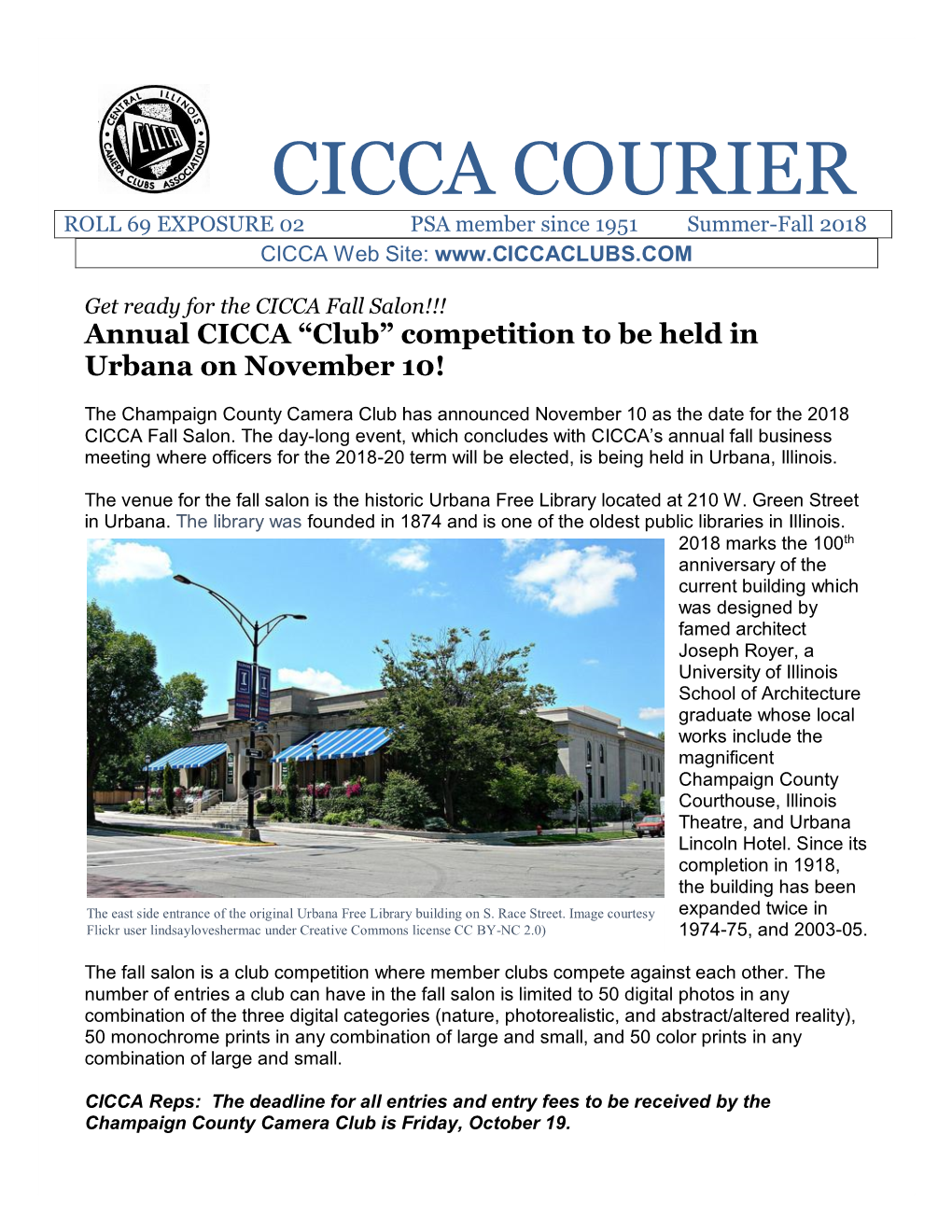 CICCA COURIER ROLL 69 EXPOSURE 02 PSA Member Since 1951 Summer-Fall 2018 CICCA Web Site