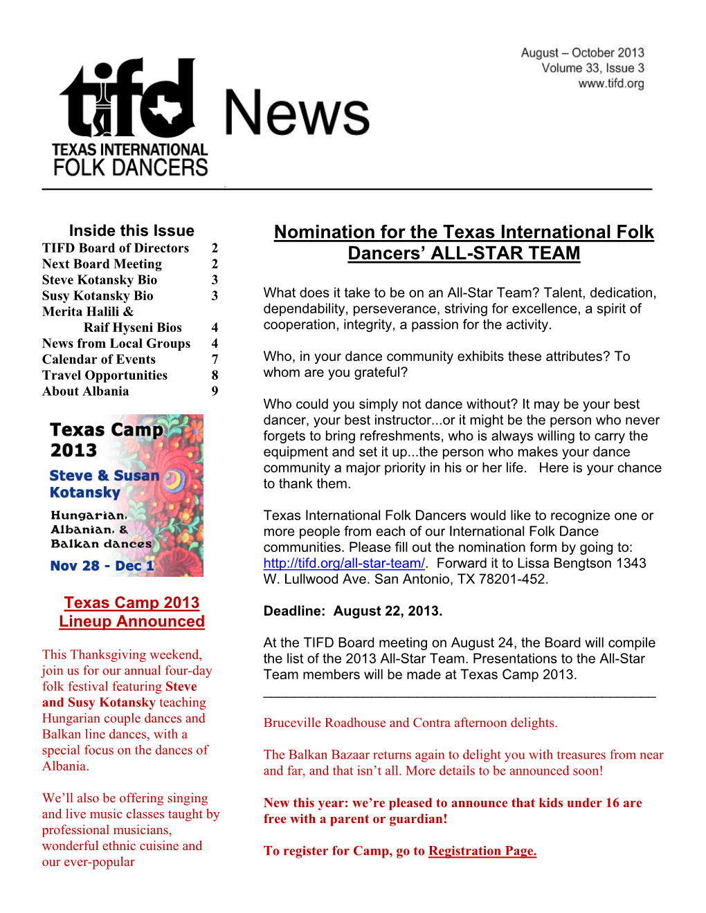 Nomination for the Texas International Folk Dancers' ALL-STAR TEAM