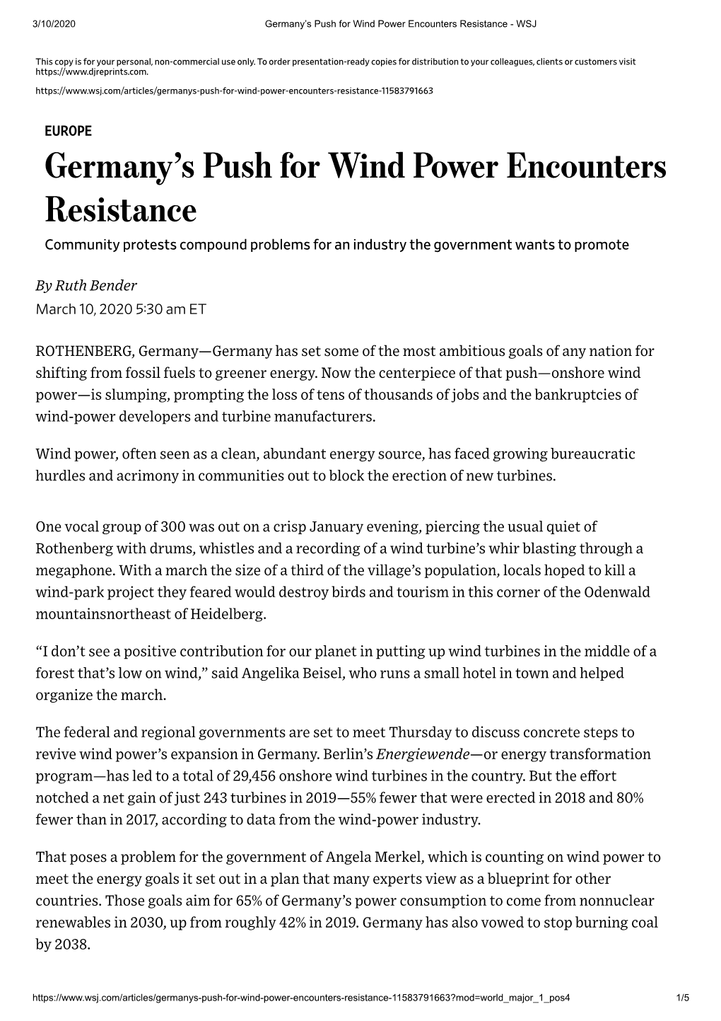Germany's Push for Wind Power Encounters Resistance