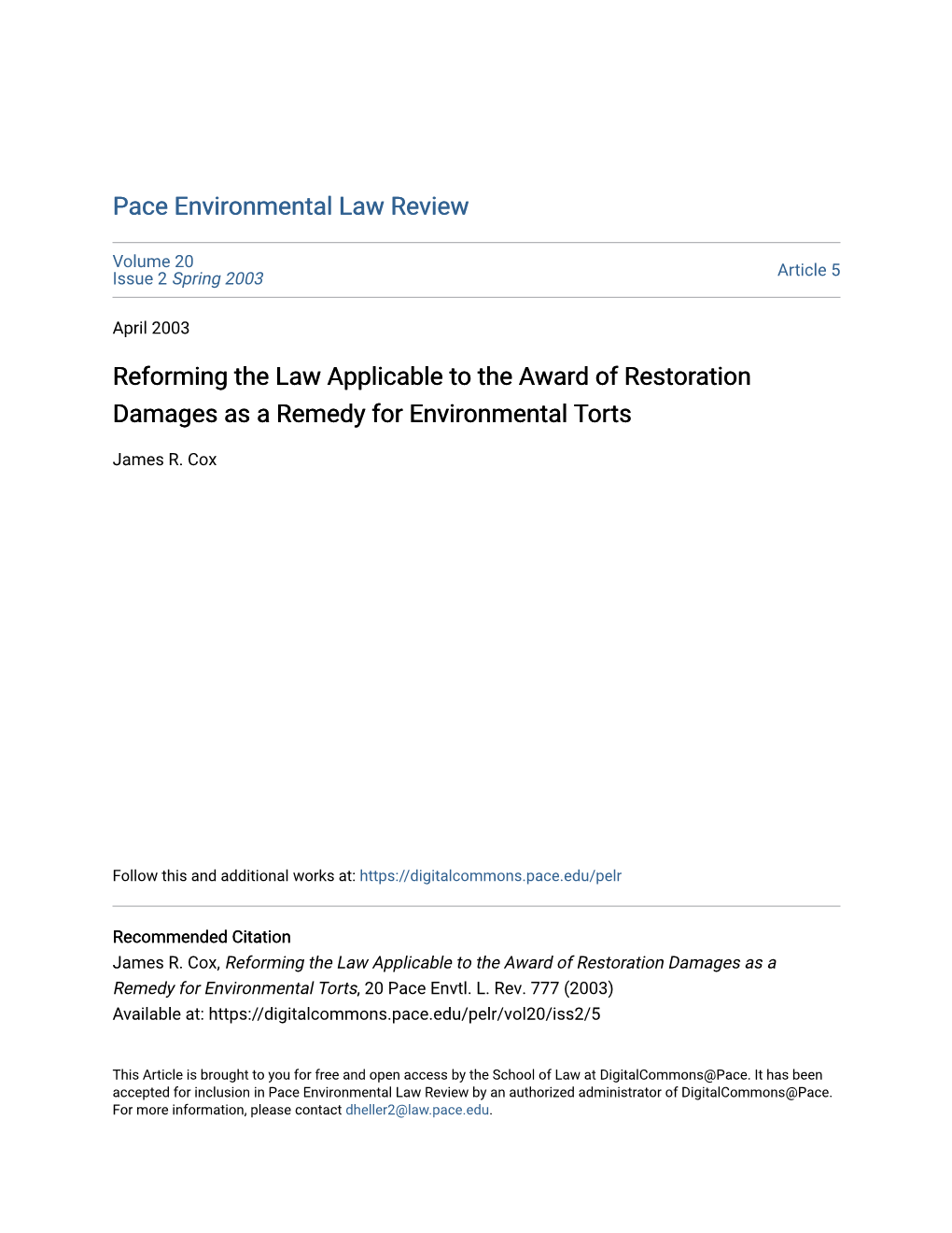 Reforming the Law Applicable to the Award of Restoration Damages As a Remedy for Environmental Torts