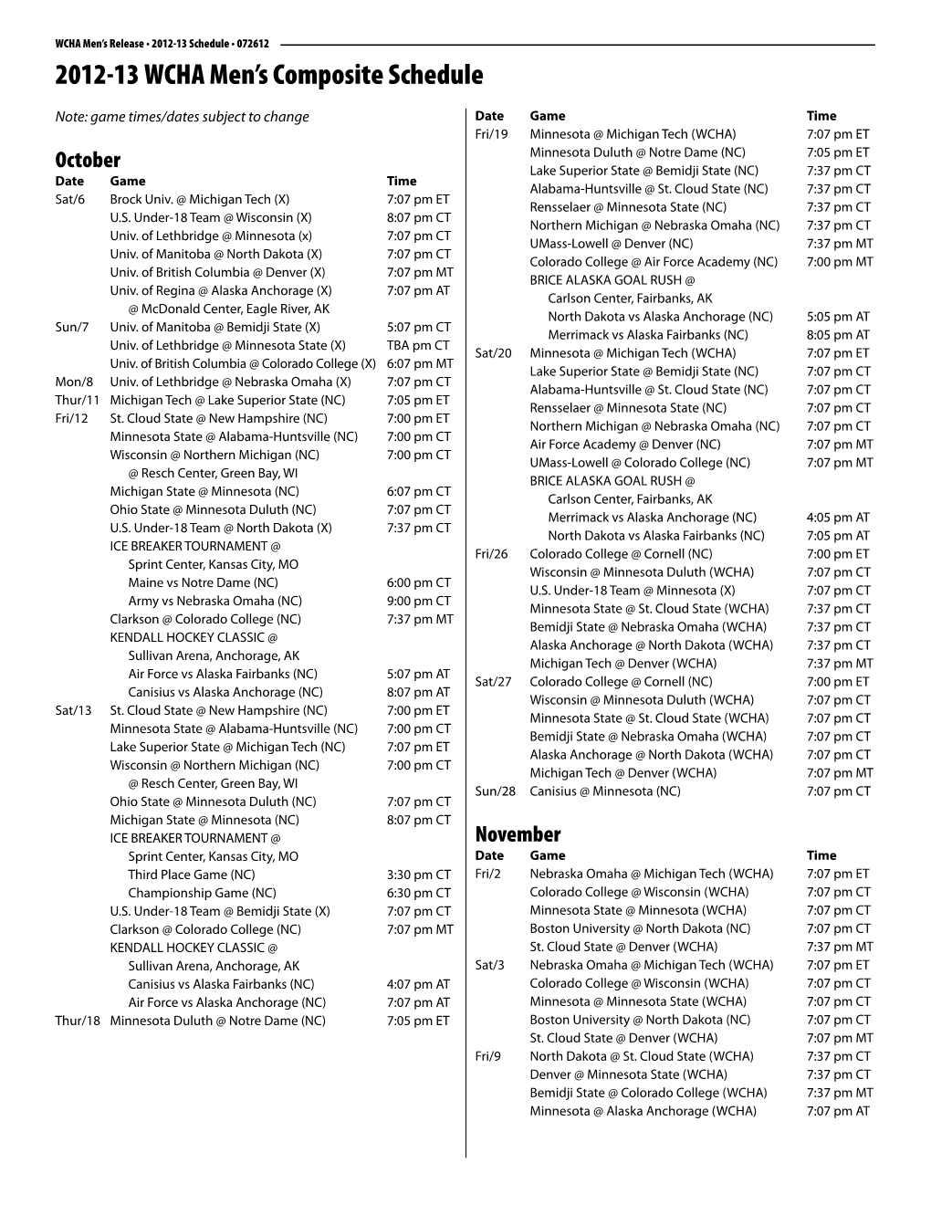 2012-13 WCHA Men's Composite Schedule