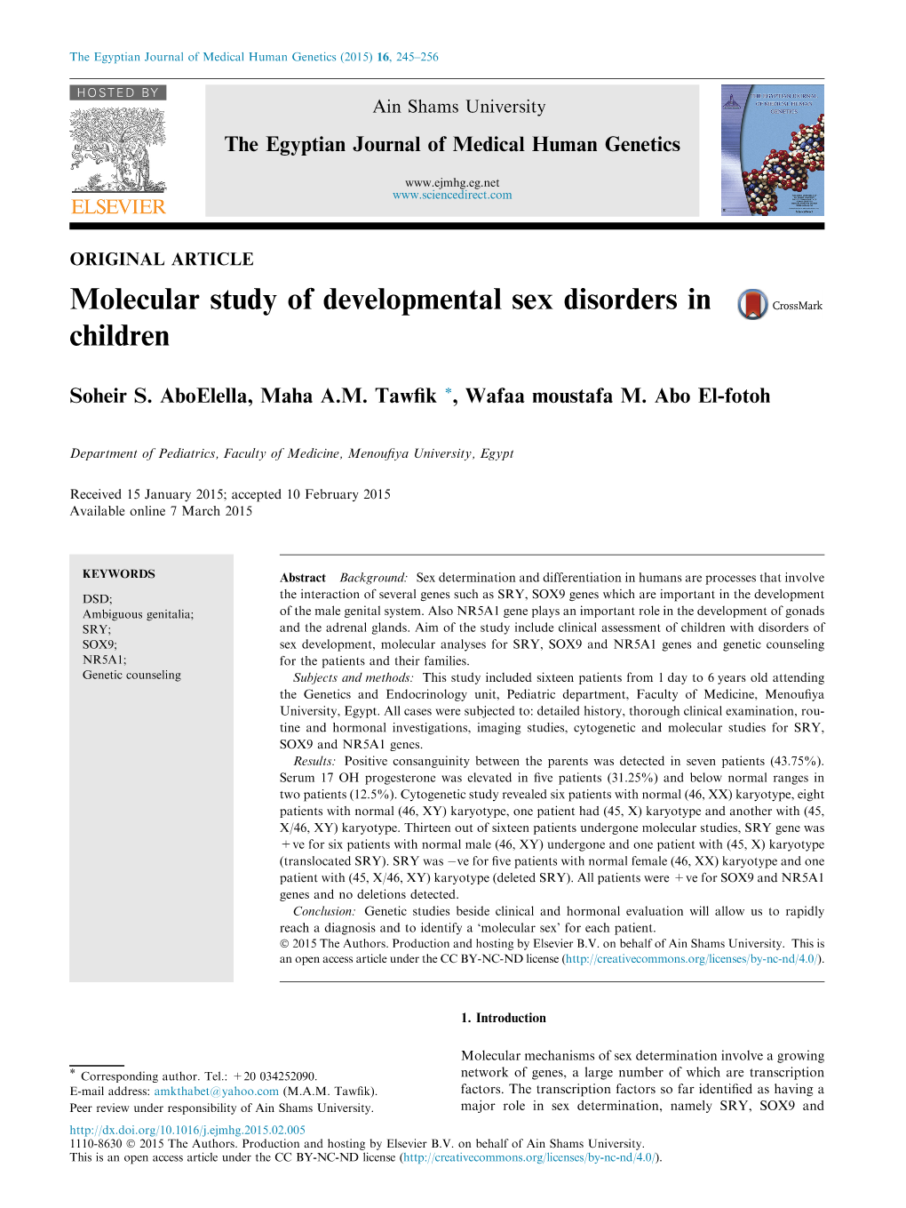Molecular Study of Developmental Sex Disorders in Children