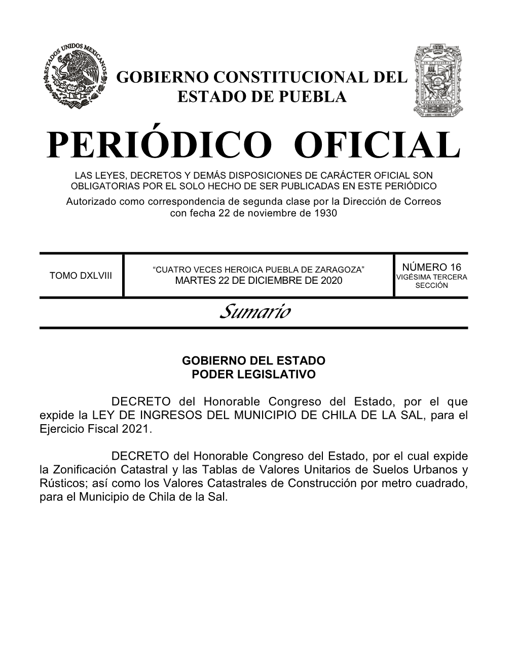 LEY DE INGRESOS DEL MUNICIPIO DE CHILA DE LA SAL, Para El Ejercicio Fiscal 2021