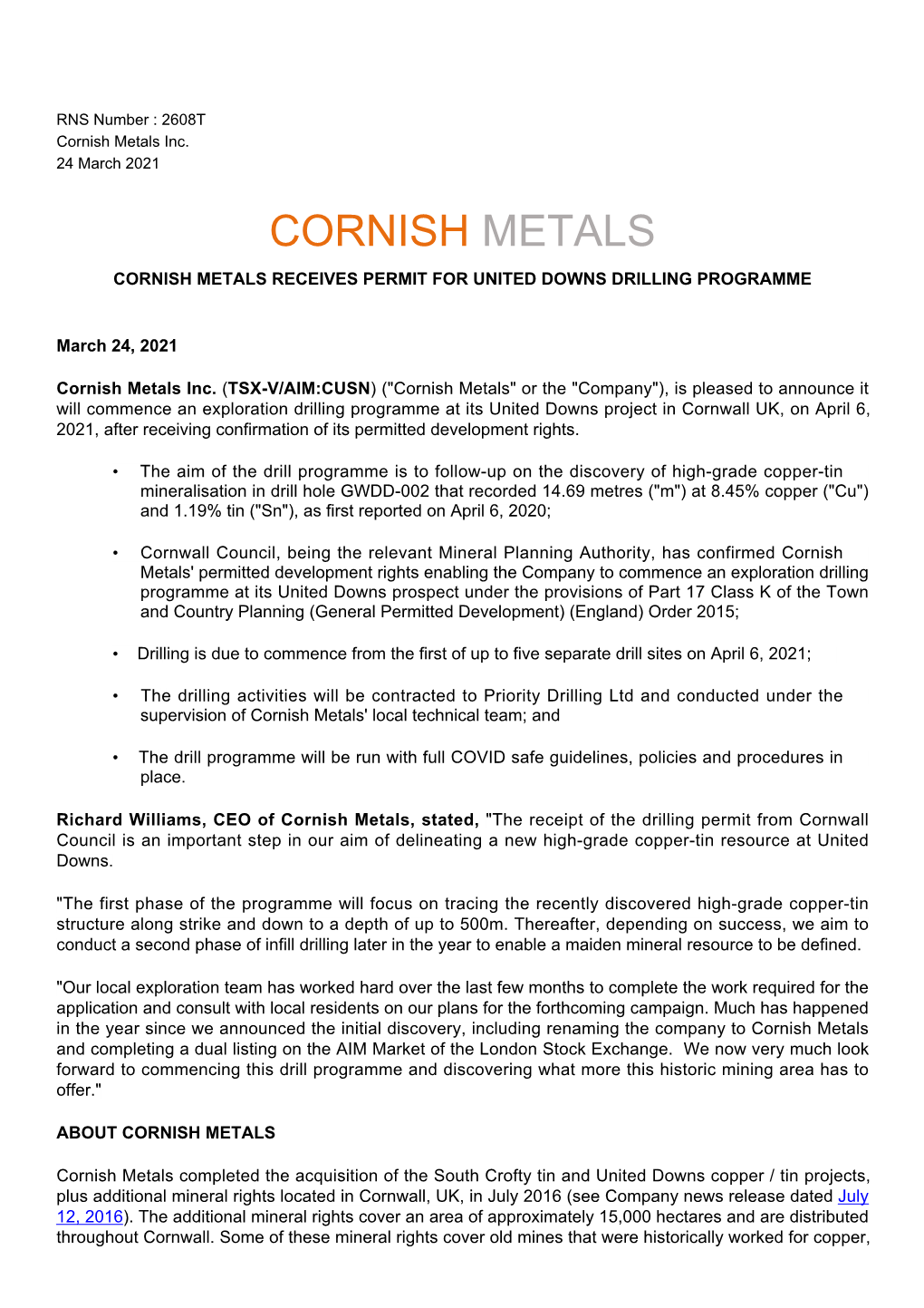 Cornish Metals Inc