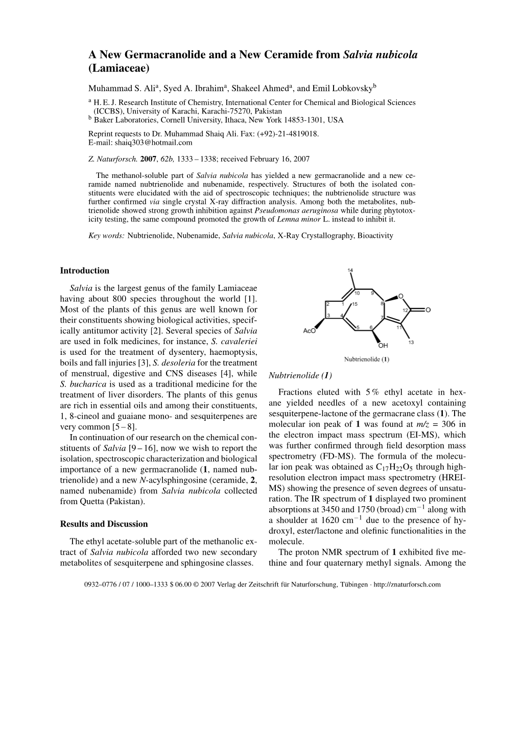 A New Germacranolide and a New Ceramide from Salvia Nubicola (Lamiaceae)