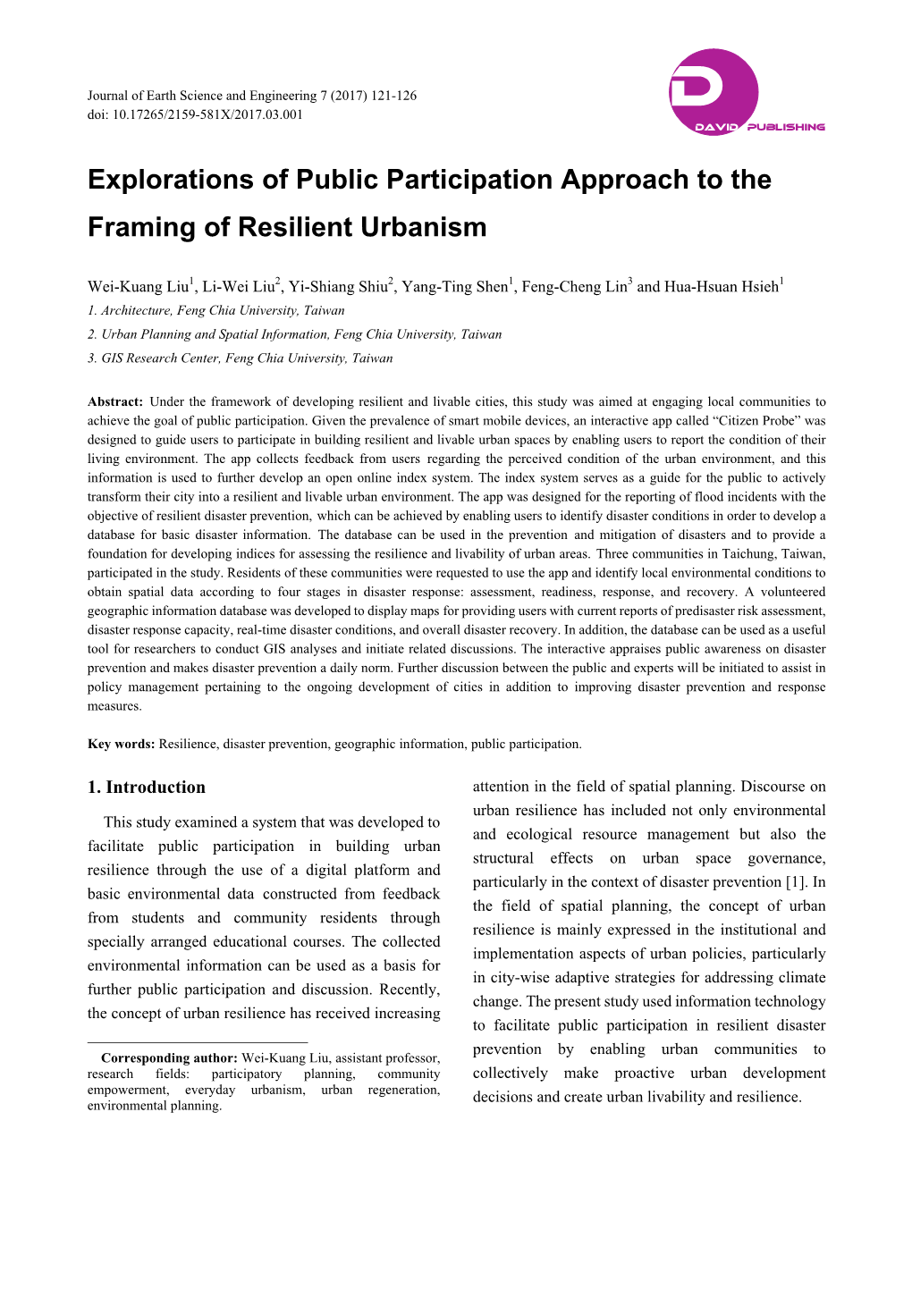 Explorations of Public Participation Approach to the Framing of Resilient Urbanism