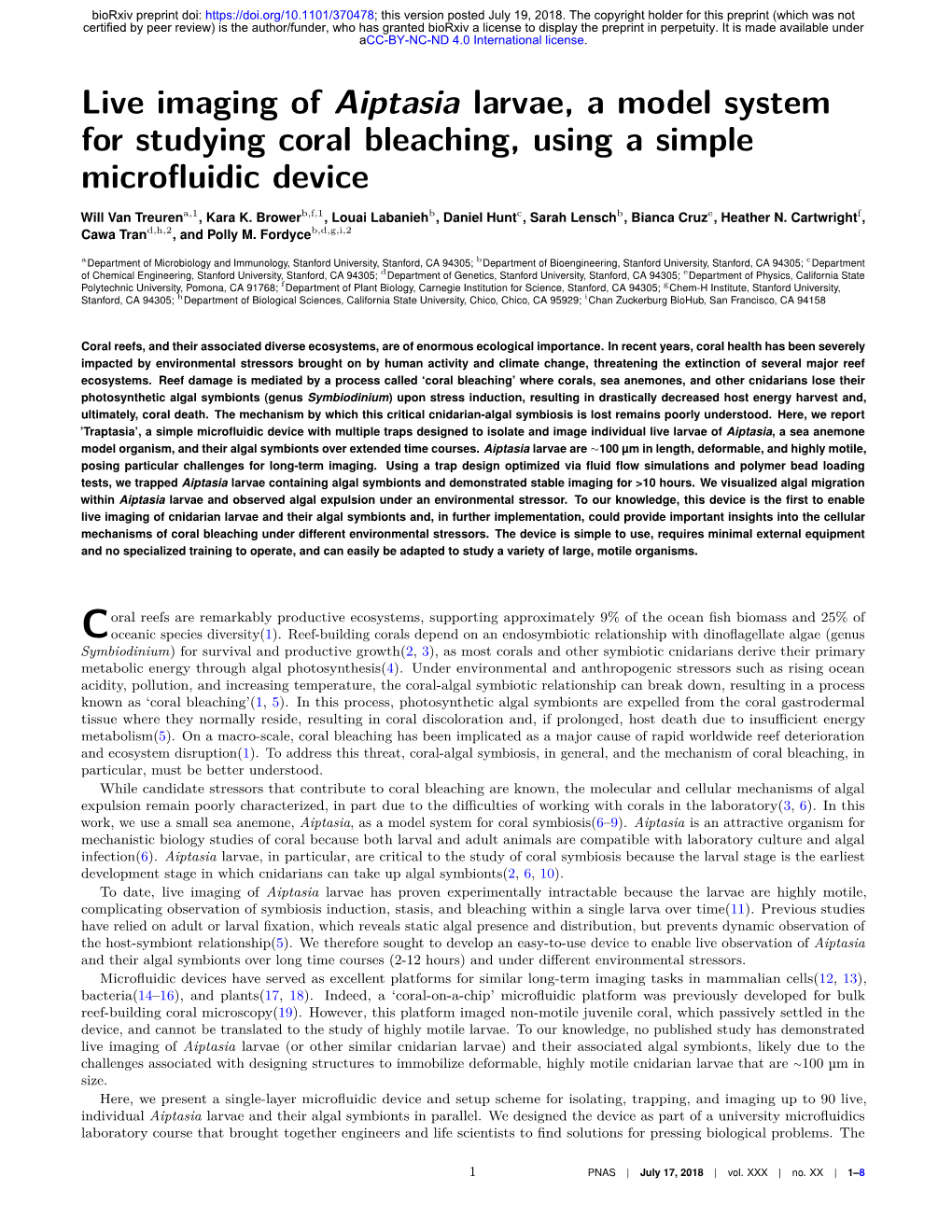 Live Imaging of Aiptasia Larvae, a Model System for Studying Coral Bleaching, Using a Simple Microfluidic Device
