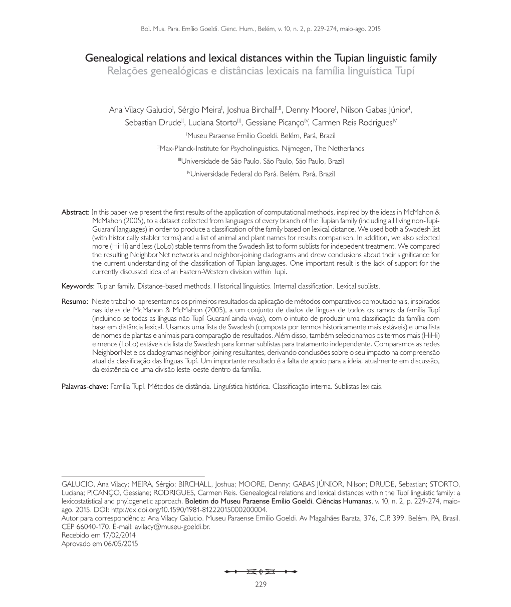 Genealogical Relations and Lexical Distances Within the Tupian Linguistic Family Relações Genealógicas E Distâncias Lexicais Na Família Linguística Tupí