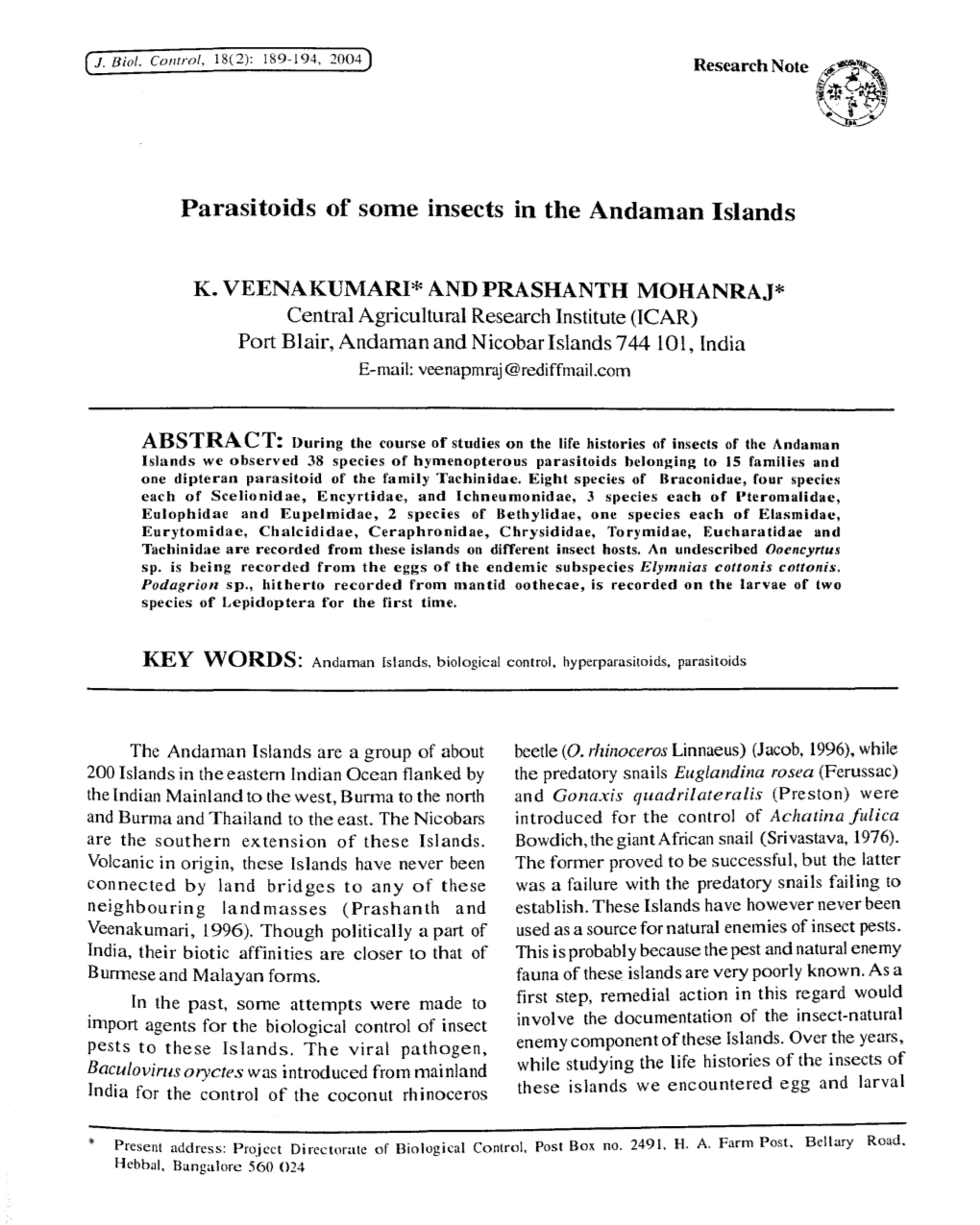 Parasitoids of Some Insects in the Andaman Islands