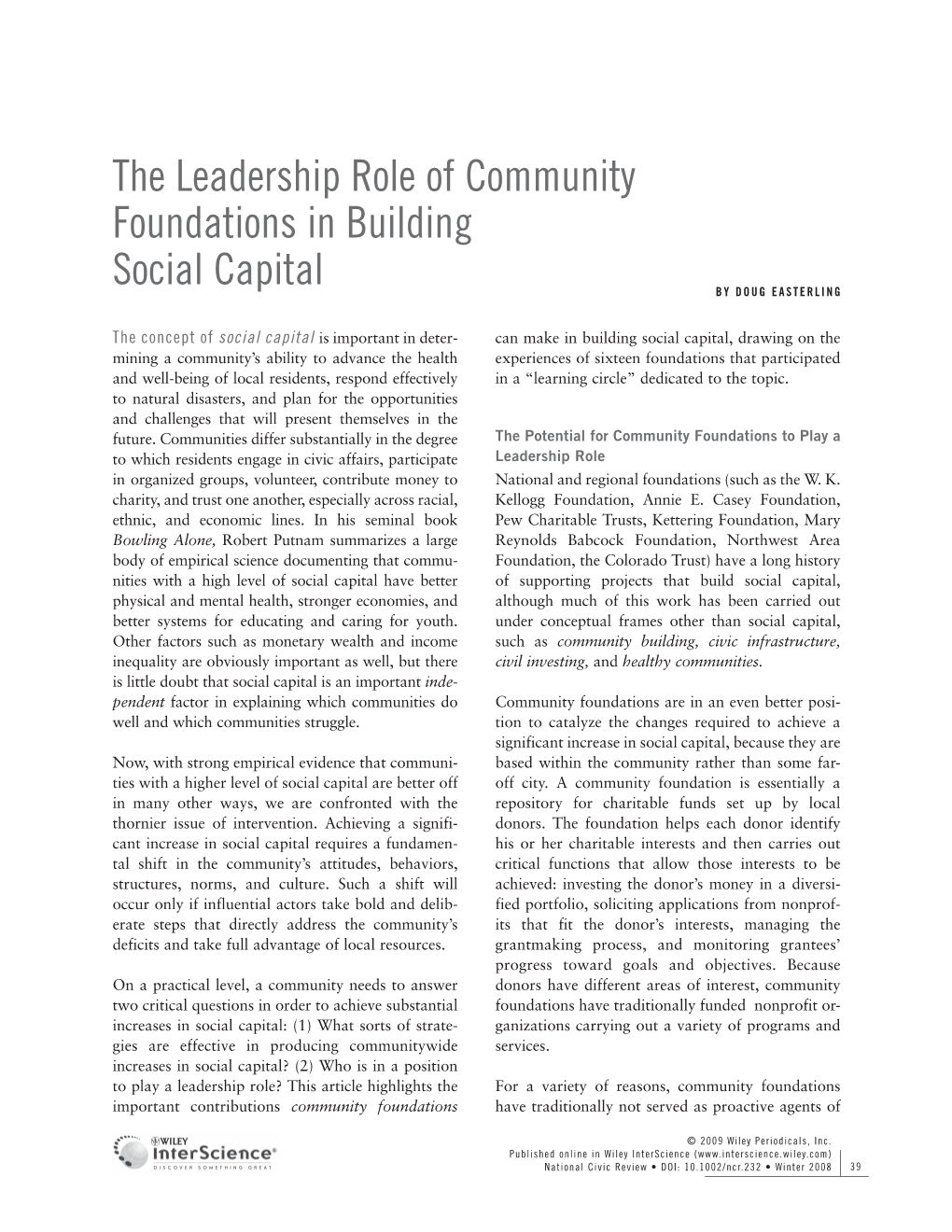 The Leadership Role of Community Foundations in Building Social Capital by DOUG EASTERLING