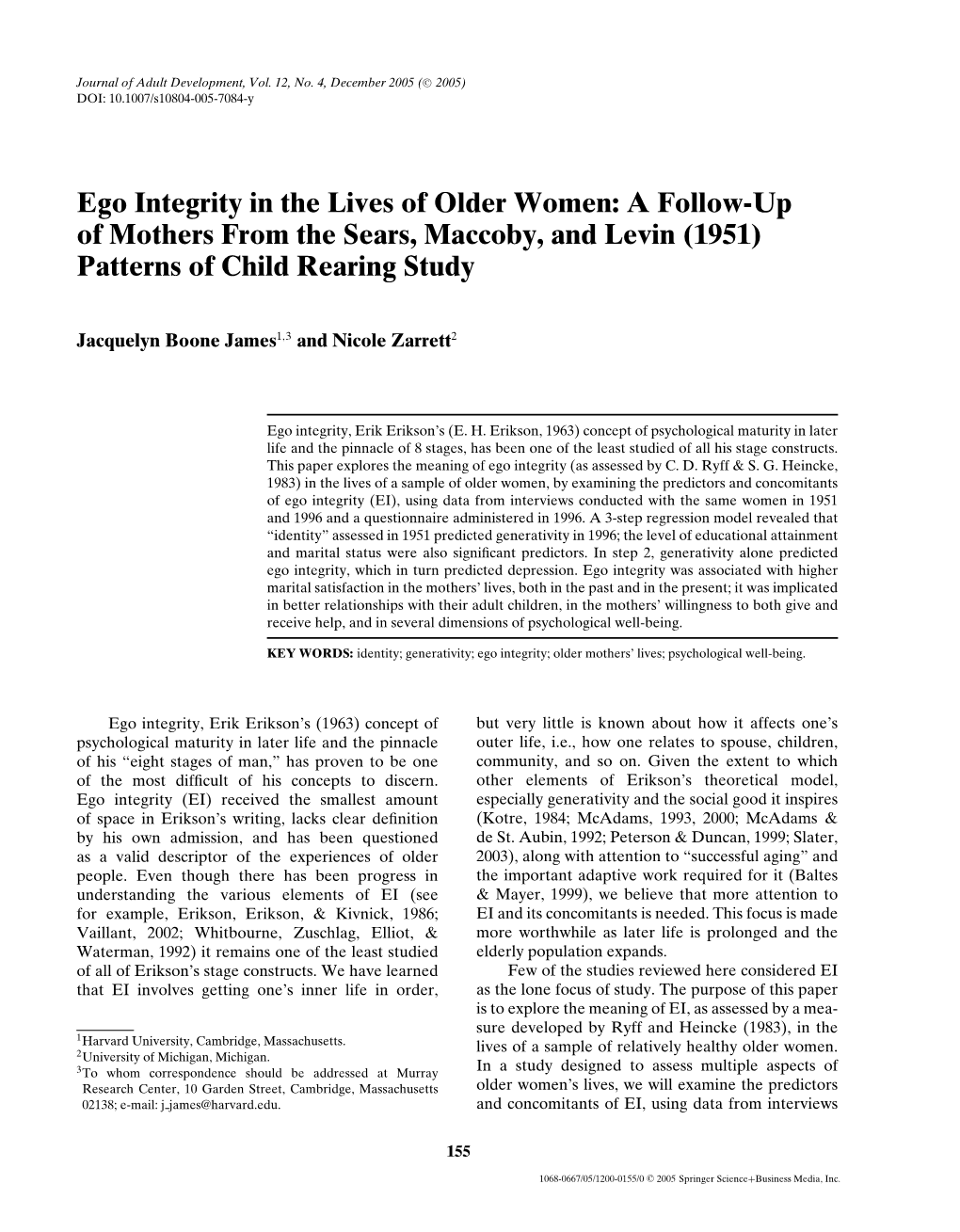 Ego Integrity in the Lives of Older Women: a Follow-Up of Mothers from the Sears, Maccoby, and Levin (1951) Patterns of Child Rearing Study