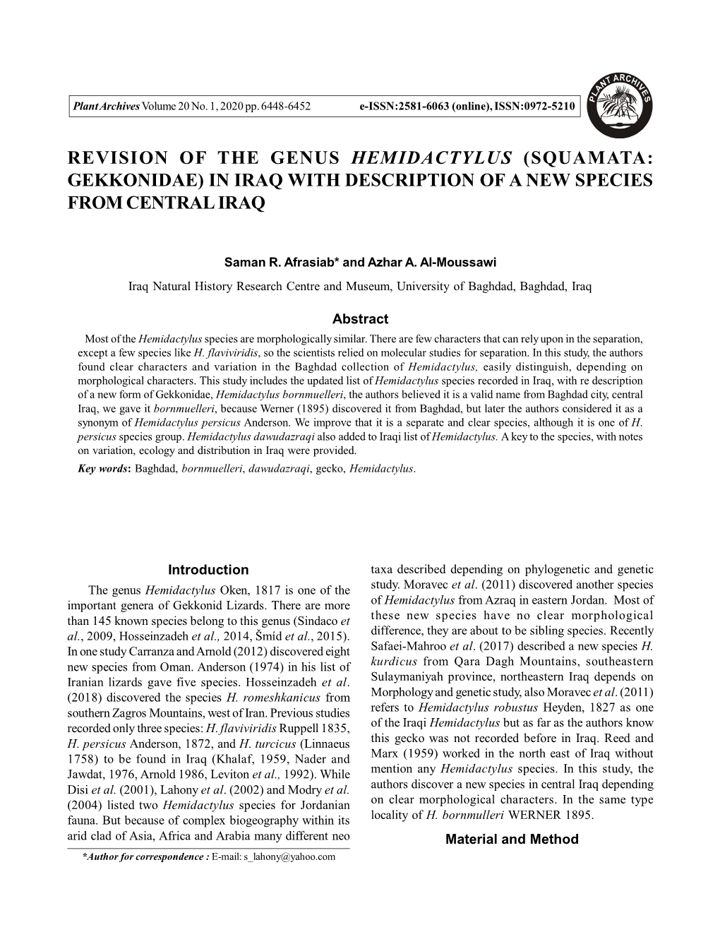 Revision of the Genus Hemidactylus (Squamata: Gekkonidae) in Iraq with Description of a New Species from Central Iraq