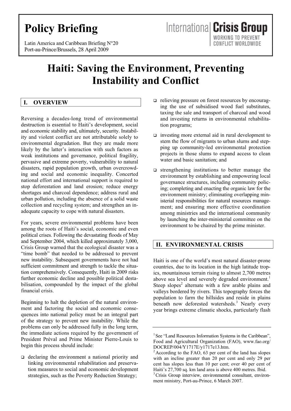 Haiti: Saving the Environment, Preventing Instability and Conflict